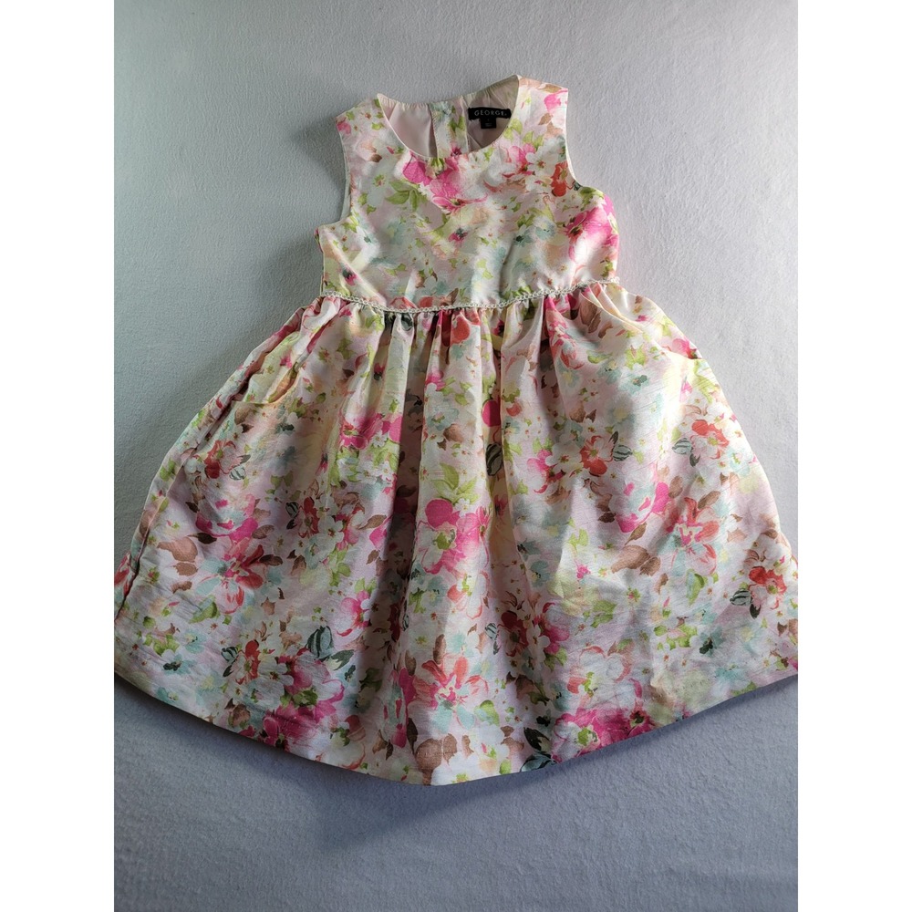 George Girls Floral Party Dress Pink Green Sleeveless Pockets Bow Back Size 7